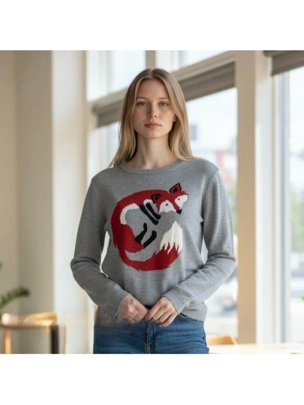 Tommy Hilfiger Fox Graphic Sweater Womens Small Gray Cotton Crewneck
